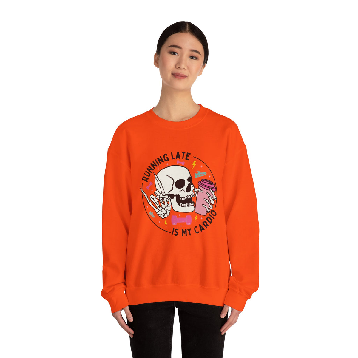 Running Late Is My Cardio sweatshirt | Skull Coffee Cup Illustration