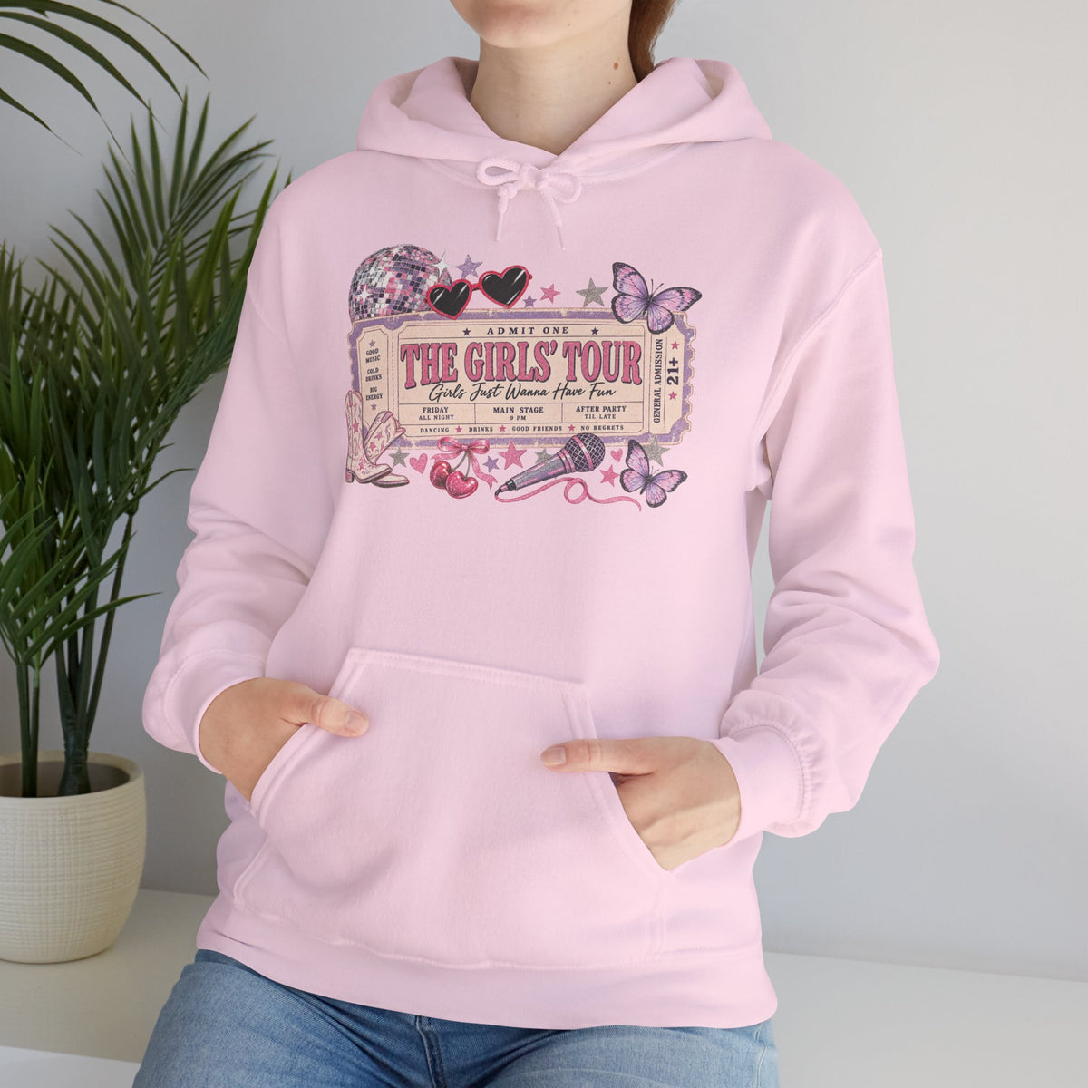 The Girls Just Wanna Have Fun Tour Ticket Graphic Hoodie | Butterfly Floral Ticket Sweatshirt