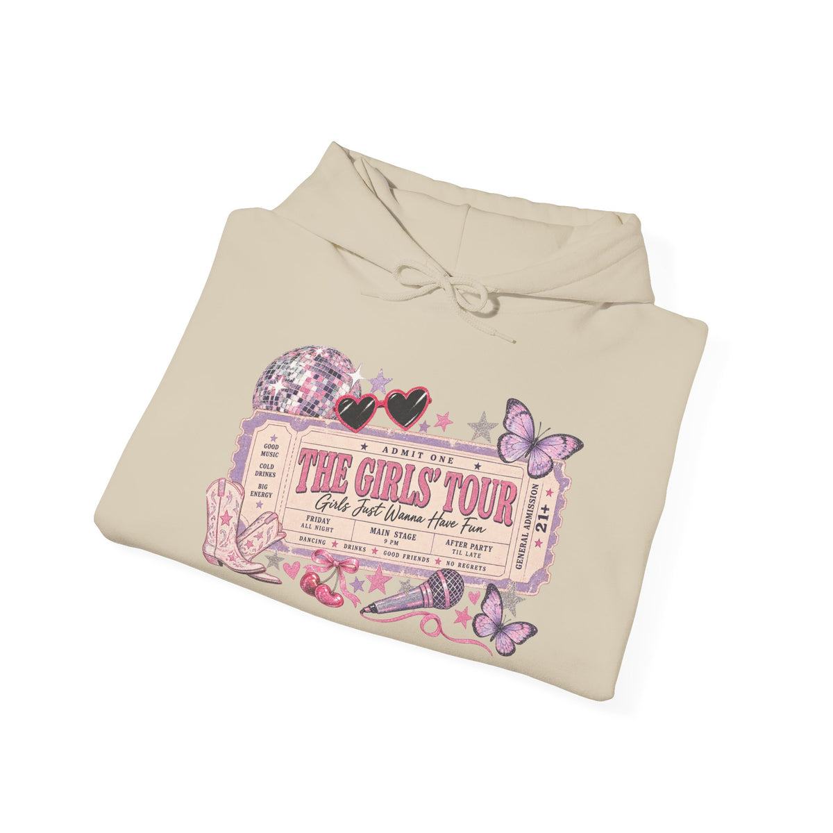 The Girls Just Wanna Have Fun Tour Ticket Graphic Hoodie | Butterfly Floral Ticket Sweatshirt