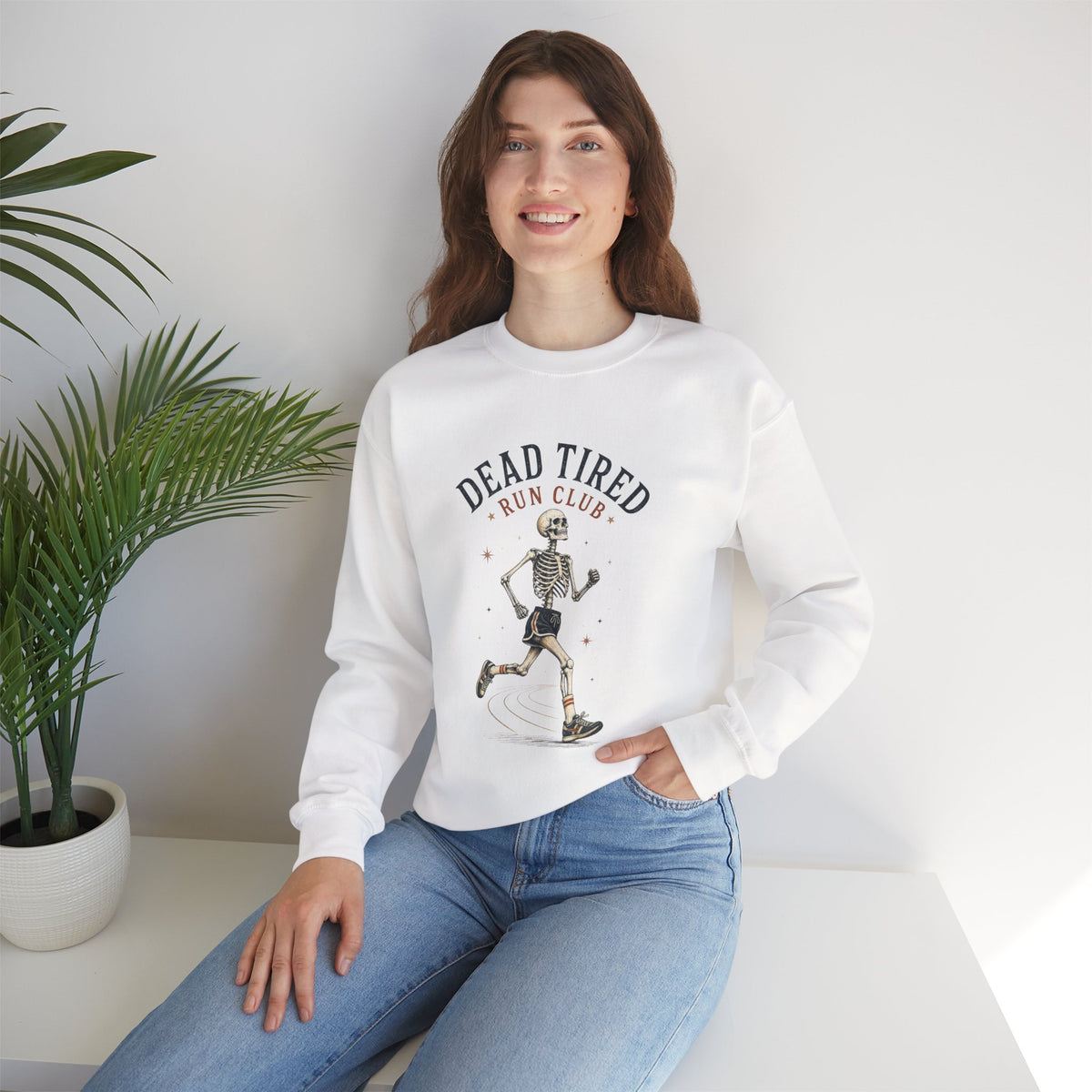 Dead Tired Run Club sweatshirt | Skeleton Runner Illustration I Gildan Crewneck