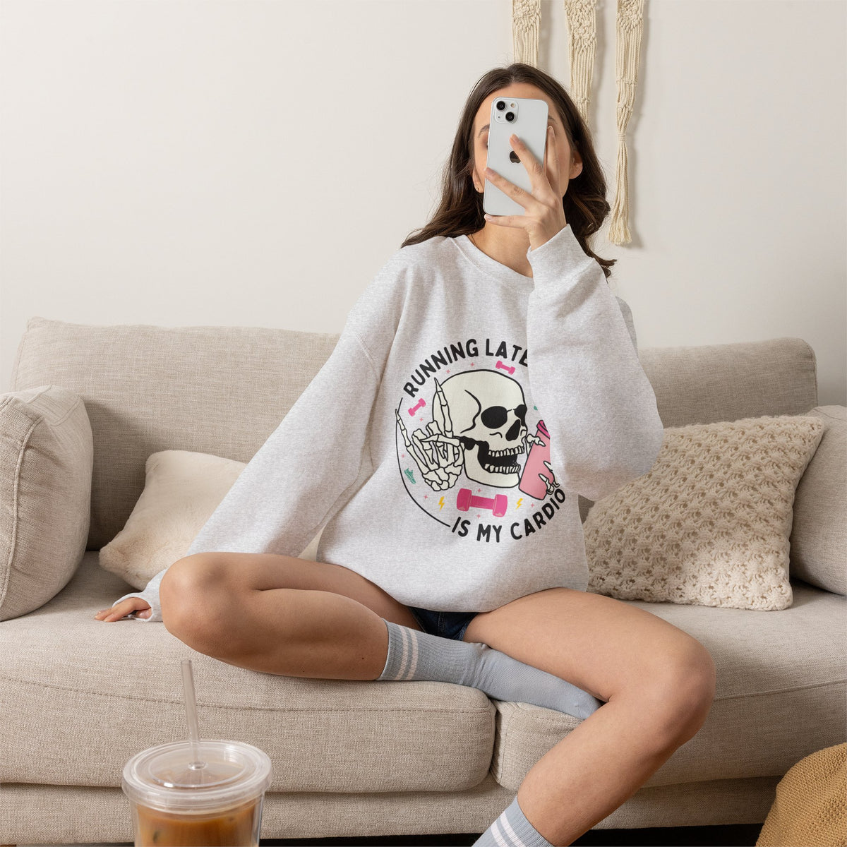 Running Late Is My Cardio sweatshirt | Skull Coffee Cup Illustration
