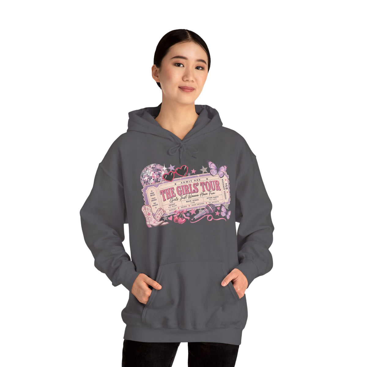 The Girls Just Wanna Have Fun Tour Ticket Graphic Hoodie | Butterfly Floral Ticket Sweatshirt