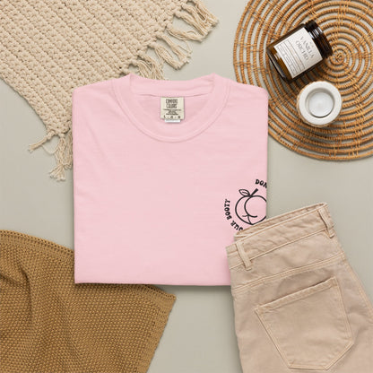 Don't Be Moody Grow Ya Booty T-Shirt | Funny Retro Script, Chest Peach Logo I