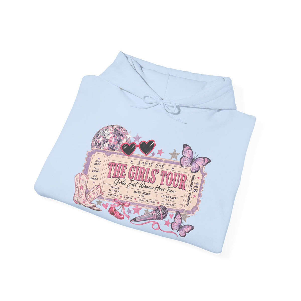 The Girls Just Wanna Have Fun Tour Ticket Graphic Hoodie | Butterfly Floral Ticket Sweatshirt