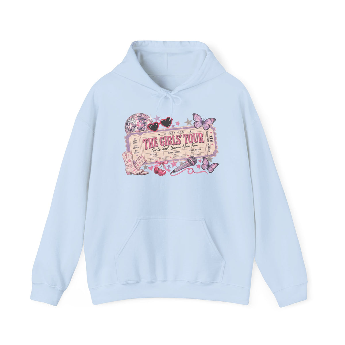 The Girls Just Wanna Have Fun Tour Ticket Graphic Hoodie | Butterfly Floral Ticket Sweatshirt