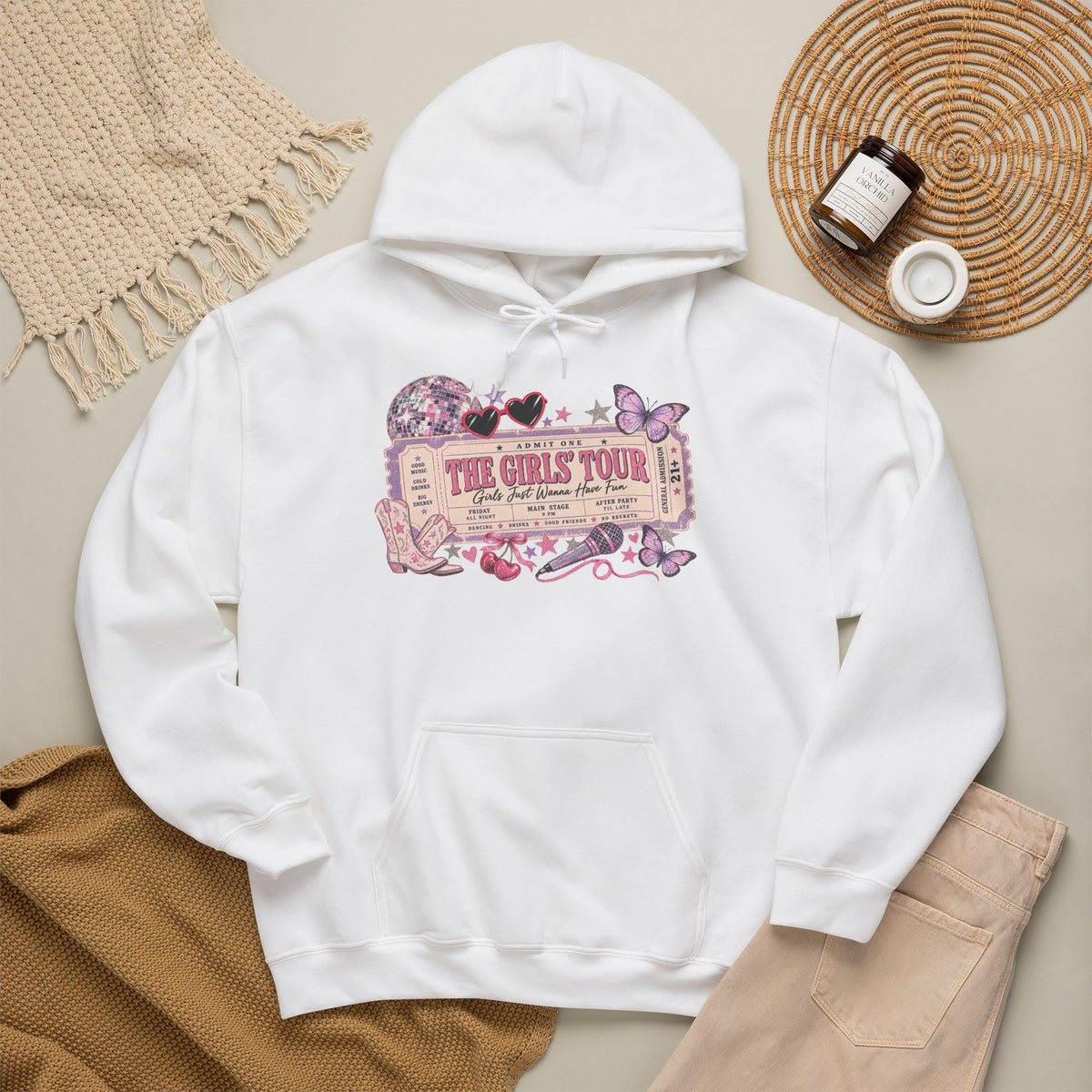 The Girls Just Wanna Have Fun Tour Ticket Graphic Hoodie | Butterfly Floral Ticket Sweatshirt