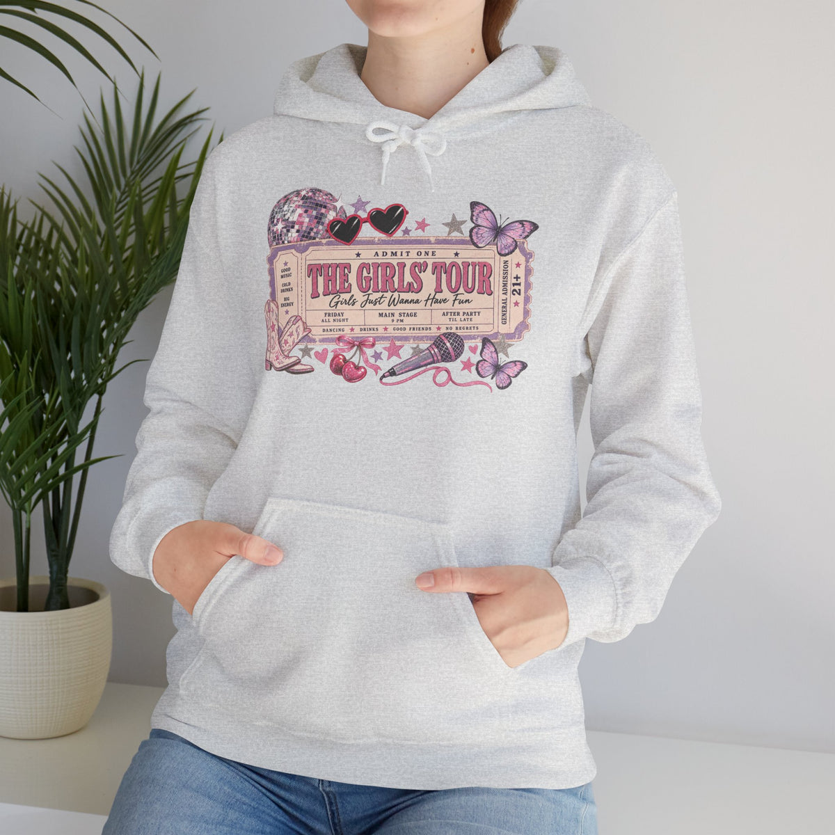 The Girls Just Wanna Have Fun Tour Ticket Graphic Hoodie | Butterfly Floral Ticket Sweatshirt