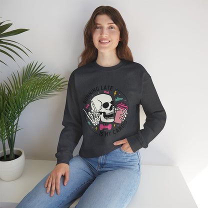 Running Late Is My Cardio sweatshirt | Skull Coffee Cup Illustration