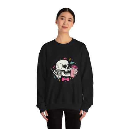 Running Late Is My Cardio sweatshirt | Skull Coffee Cup Illustration