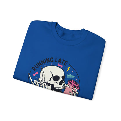 Running Late Is My Cardio sweatshirt | Skull Coffee Cup Illustration