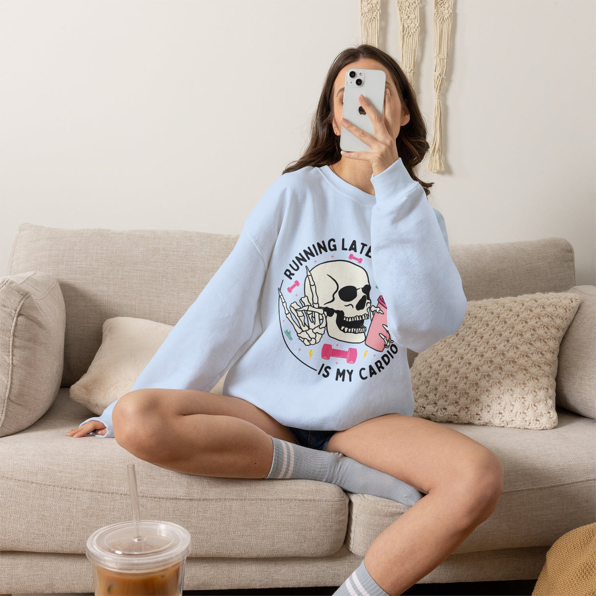 Running Late Is My Cardio sweatshirt | Skull Coffee Cup Illustration