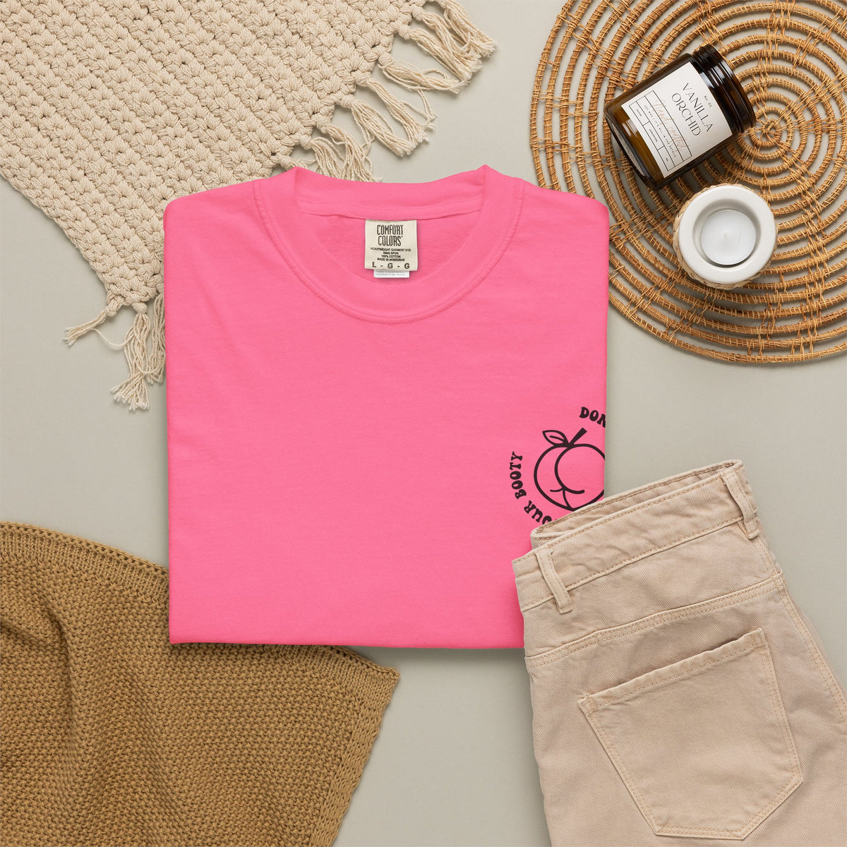 Don't Be Moody Grow Ya Booty T-Shirt | Funny Retro Script, Chest Peach Logo I