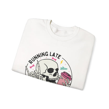 Running Late Is My Cardio sweatshirt | Skull Coffee Cup Illustration