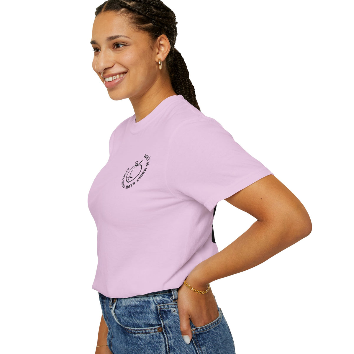 Don't Be Moody Grow Ya Booty T-Shirt | Funny Retro Script, Chest Peach Logo I
