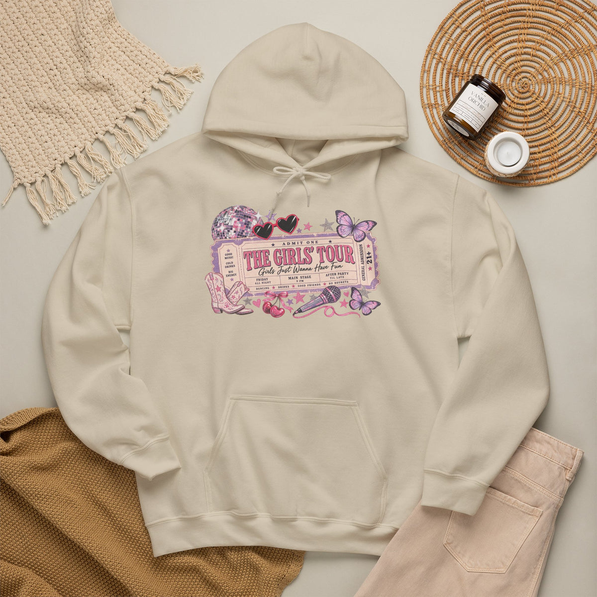 The Girls Just Wanna Have Fun Tour Ticket Graphic Hoodie | Butterfly Floral Ticket Sweatshirt