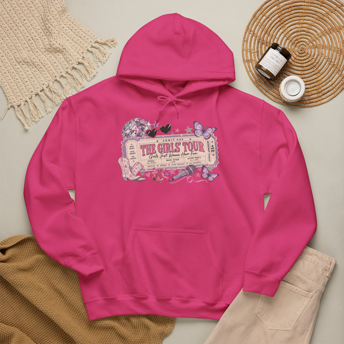 The Girls Just Wanna Have Fun Tour Ticket Graphic Hoodie | Butterfly Floral Ticket Sweatshirt