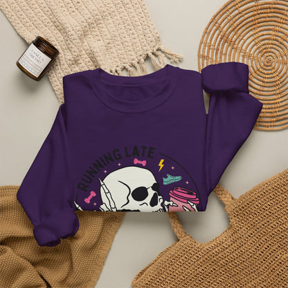 Running Late Is My Cardio sweatshirt | Skull Coffee Cup Illustration