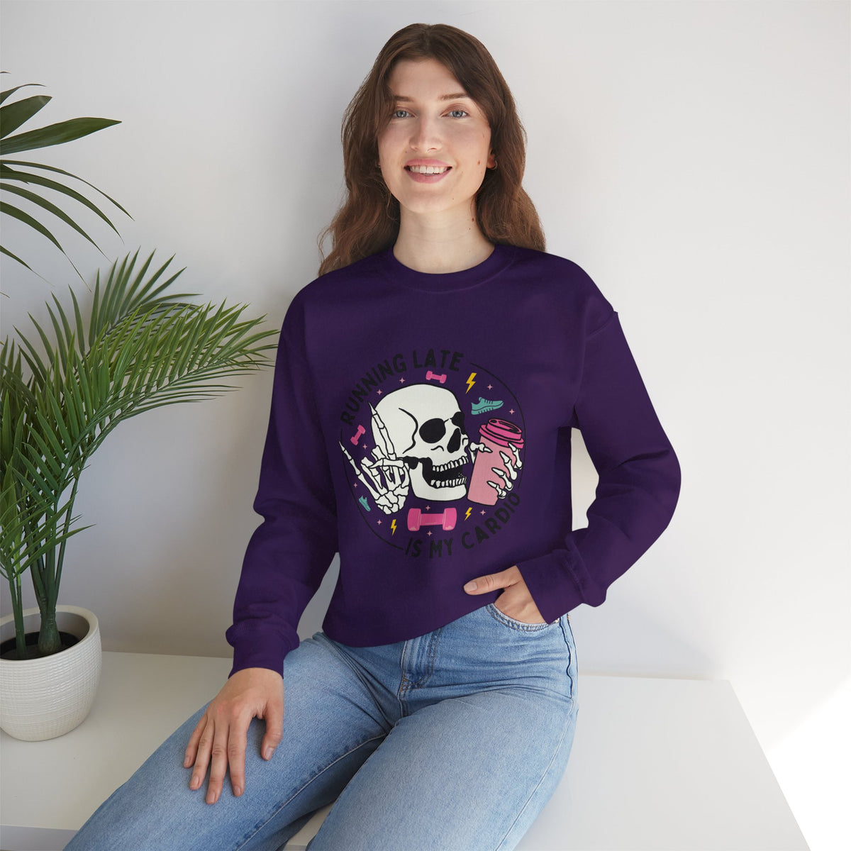 Running Late Is My Cardio sweatshirt | Skull Coffee Cup Illustration