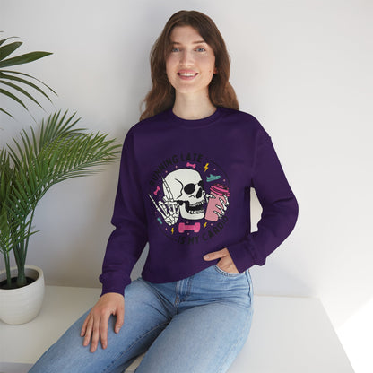 Running Late Is My Cardio sweatshirt | Skull Coffee Cup Illustration