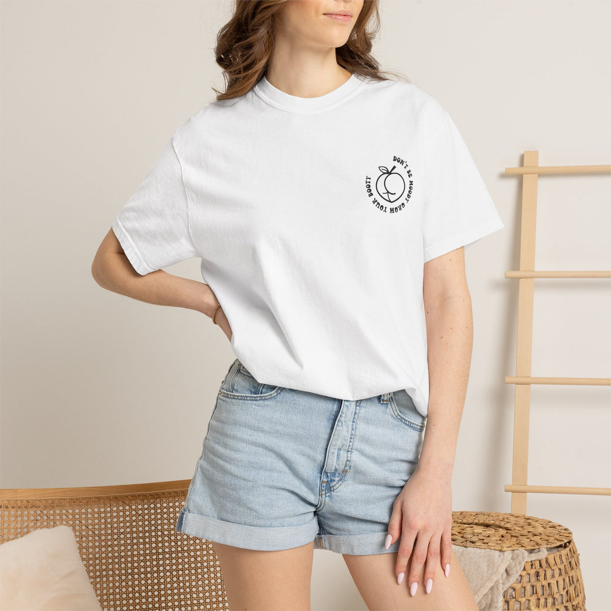 Don't Be Moody Grow Ya Booty T-Shirt | Funny Retro Script, Chest Peach Logo I