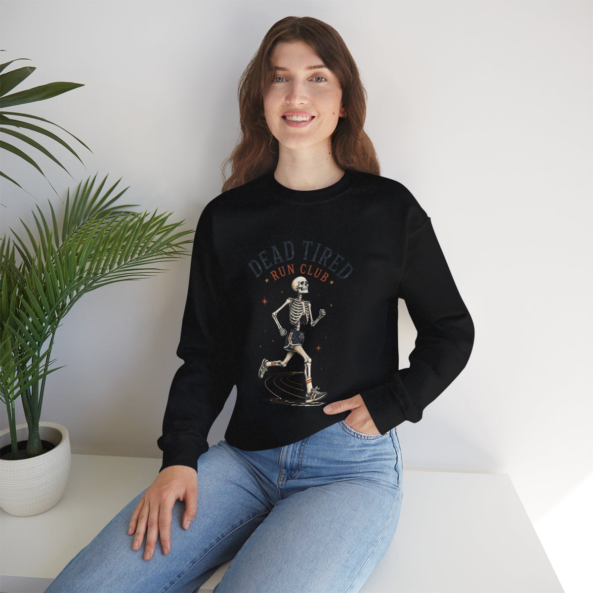 Dead Tired Run Club sweatshirt | Skeleton Runner Illustration I Gildan Crewneck