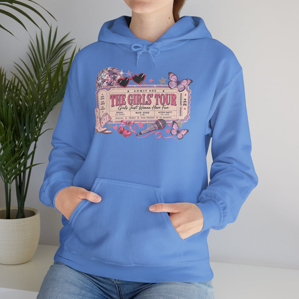 The Girls Just Wanna Have Fun Tour Ticket Graphic Hoodie | Butterfly Floral Ticket Sweatshirt