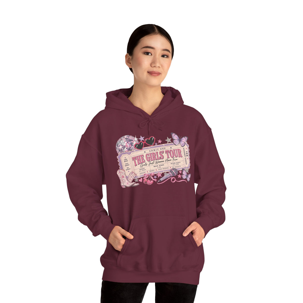 The Girls Just Wanna Have Fun Tour Ticket Graphic Hoodie | Butterfly Floral Ticket Sweatshirt