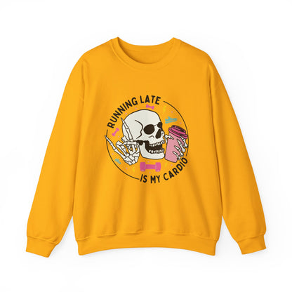Running Late Is My Cardio sweatshirt | Skull Coffee Cup Illustration