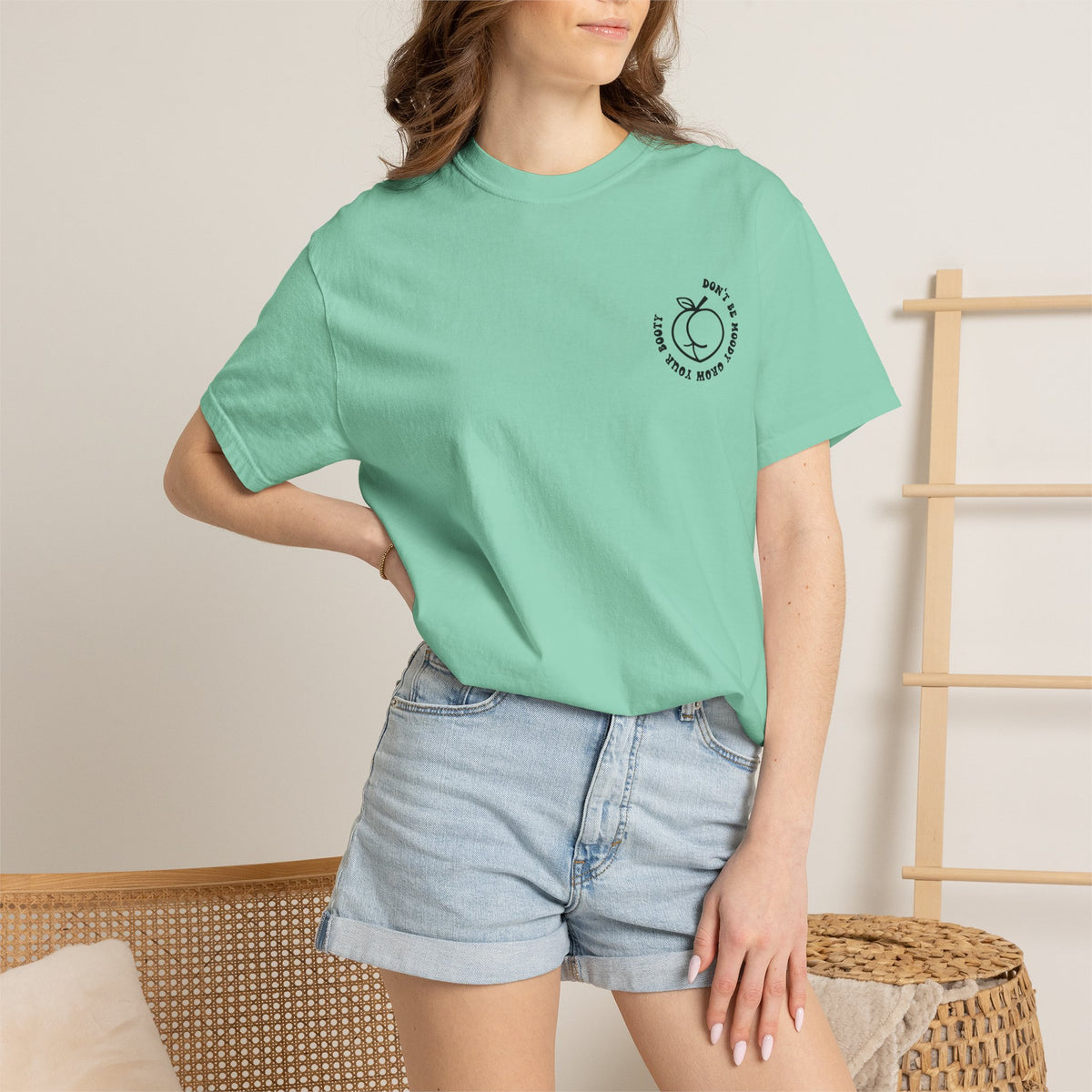 Don't Be Moody Grow Ya Booty T-Shirt | Funny Retro Script, Chest Peach Logo I