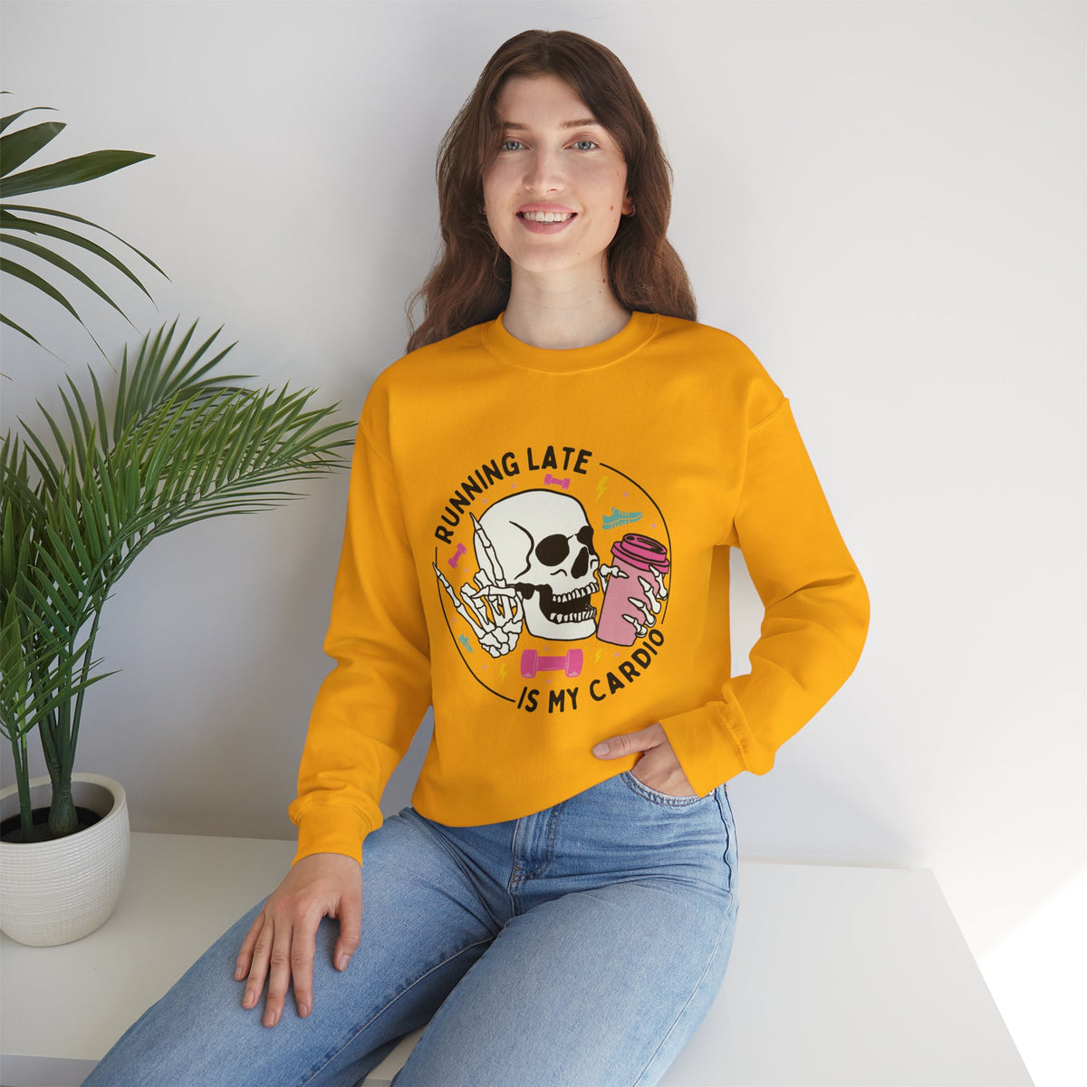 Running Late Is My Cardio sweatshirt | Skull Coffee Cup Illustration