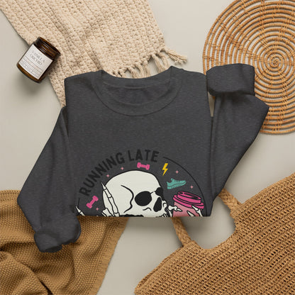 Running Late Is My Cardio sweatshirt | Skull Coffee Cup Illustration