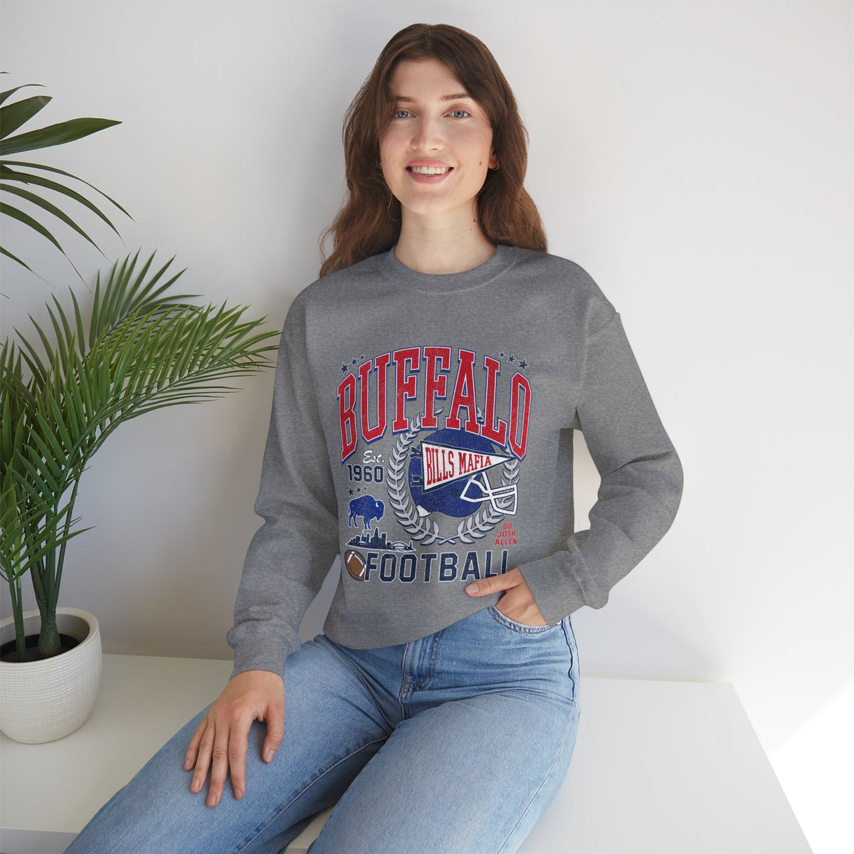 Buffalo Football Helmet Vintage Graphic Sweatshirt | 1960 Bills Logo I Gildan Crewneck Unisex