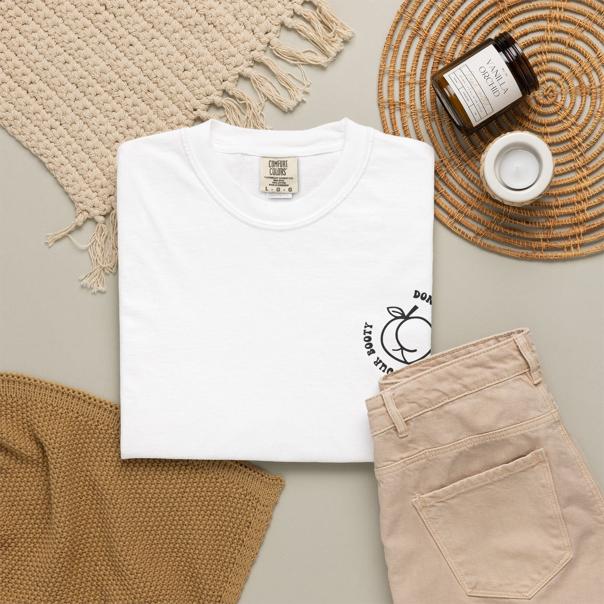 Don't Be Moody Grow Ya Booty T-Shirt | Funny Retro Script, Chest Peach Logo I
