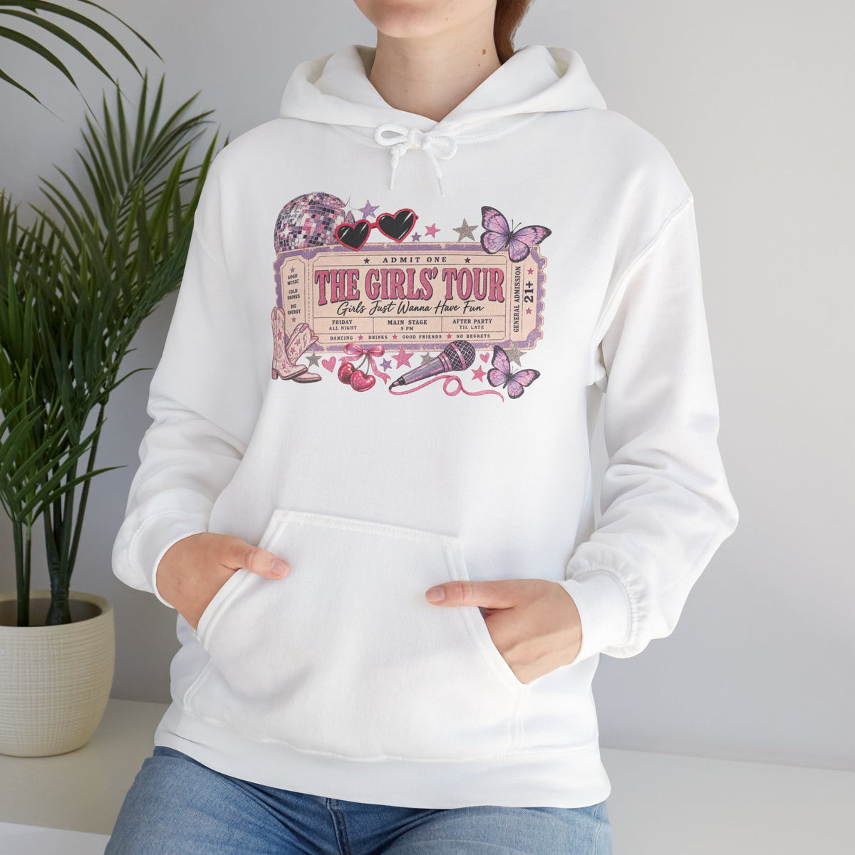 The Girls Just Wanna Have Fun Tour Ticket Graphic Hoodie | Butterfly Floral Ticket Sweatshirt