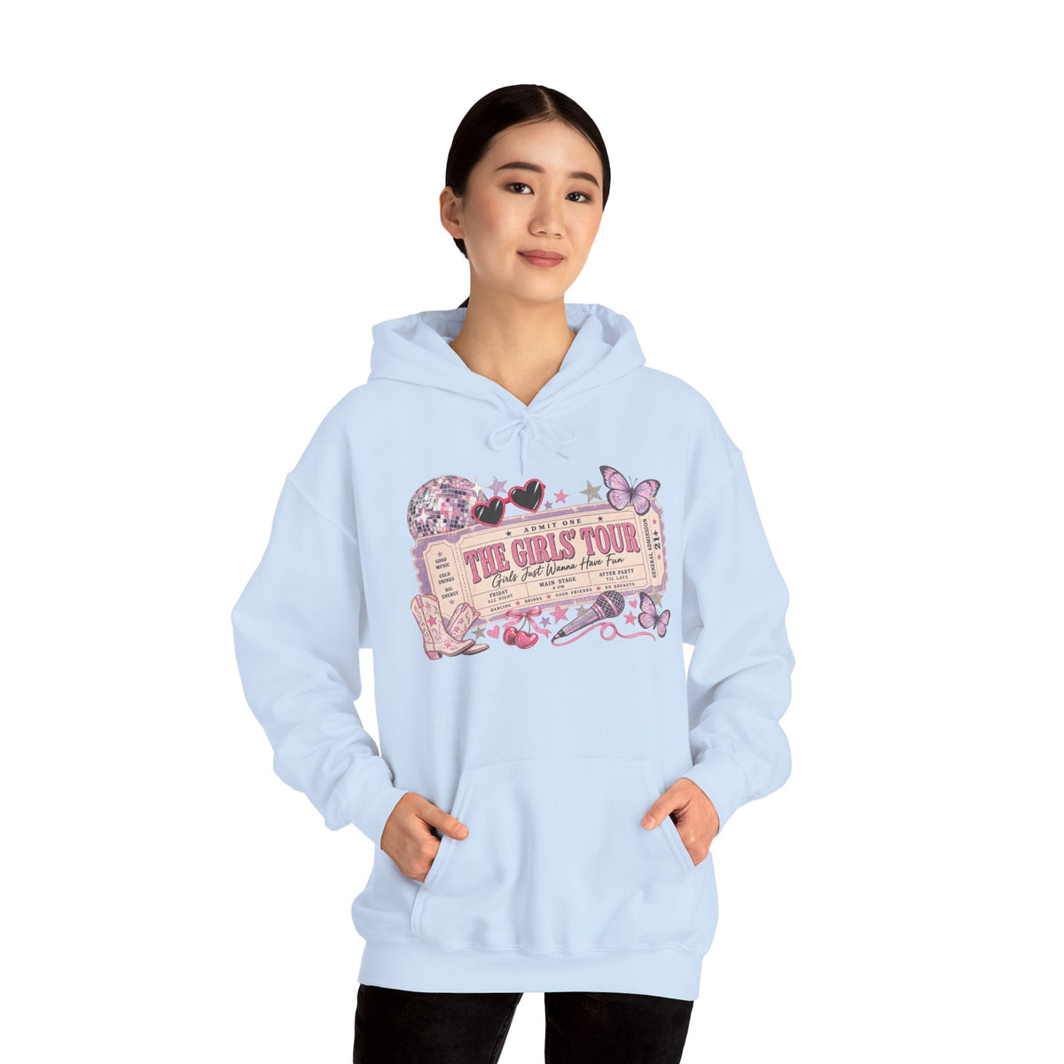 The Girls Just Wanna Have Fun Tour Ticket Graphic Hoodie | Butterfly Floral Ticket Sweatshirt