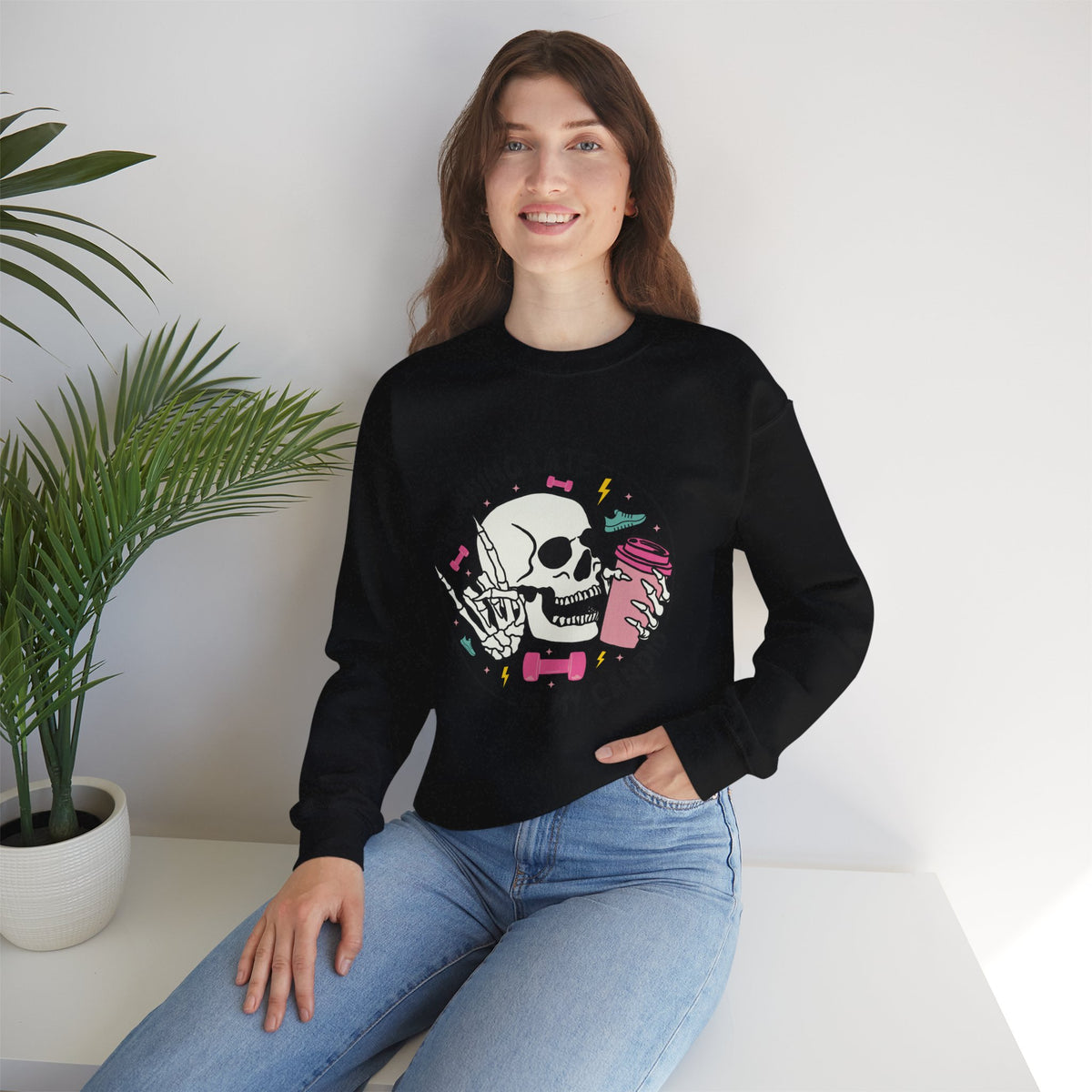 Running Late Is My Cardio sweatshirt | Skull Coffee Cup Illustration