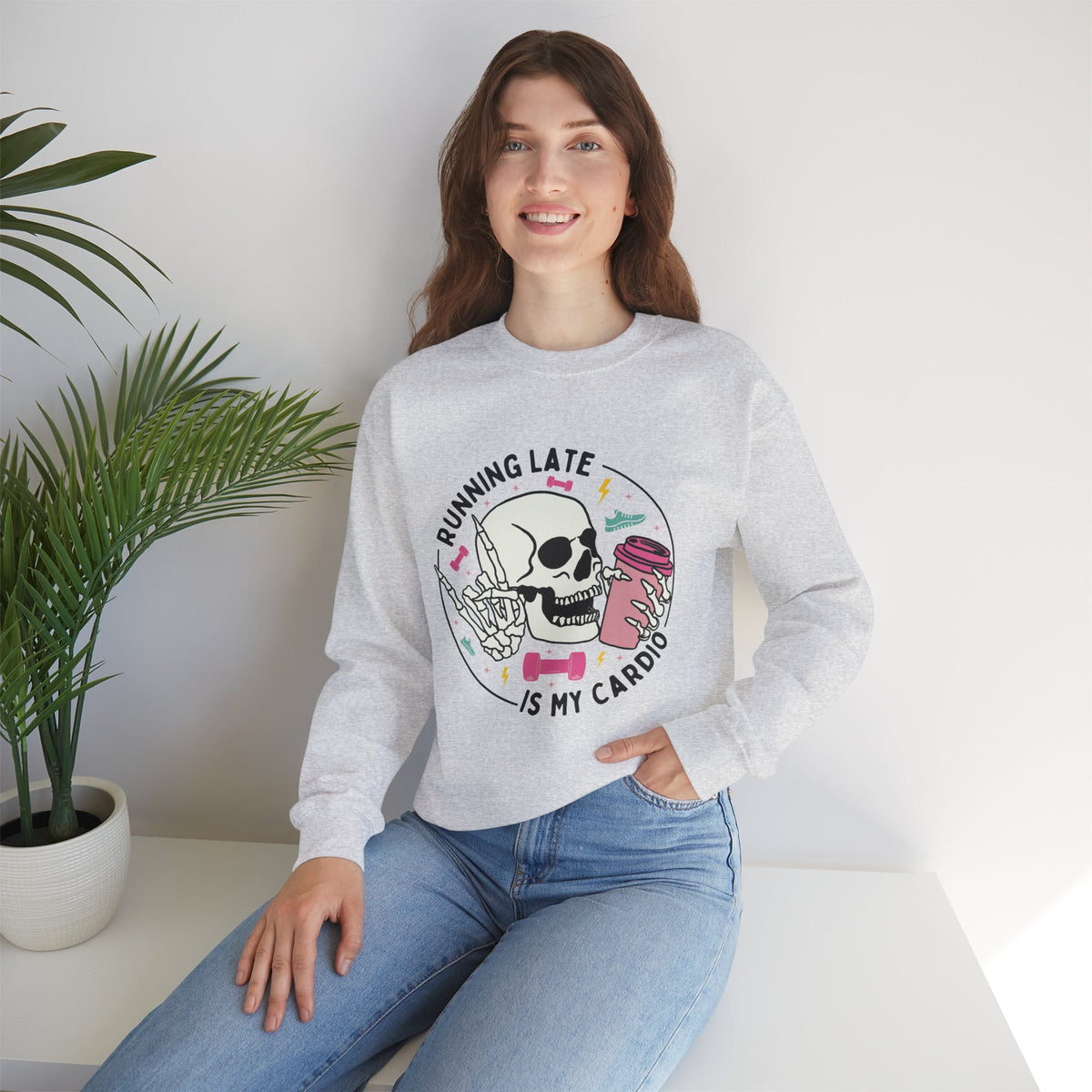 Running Late Is My Cardio sweatshirt | Skull Coffee Cup Illustration