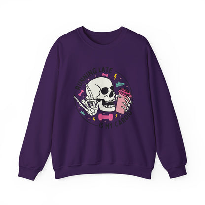 Running Late Is My Cardio sweatshirt | Skull Coffee Cup Illustration