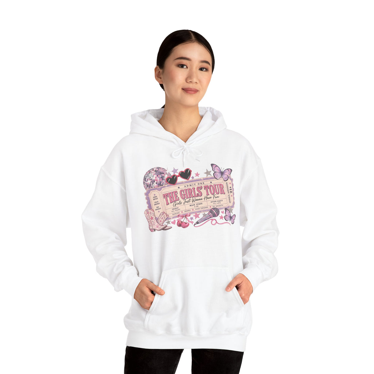 The Girls Just Wanna Have Fun Tour Ticket Graphic Hoodie | Butterfly Floral Ticket Sweatshirt