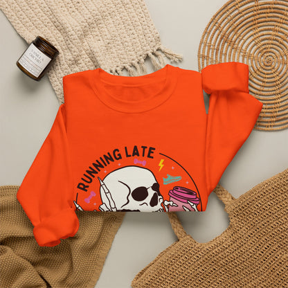 Running Late Is My Cardio sweatshirt | Skull Coffee Cup Illustration
