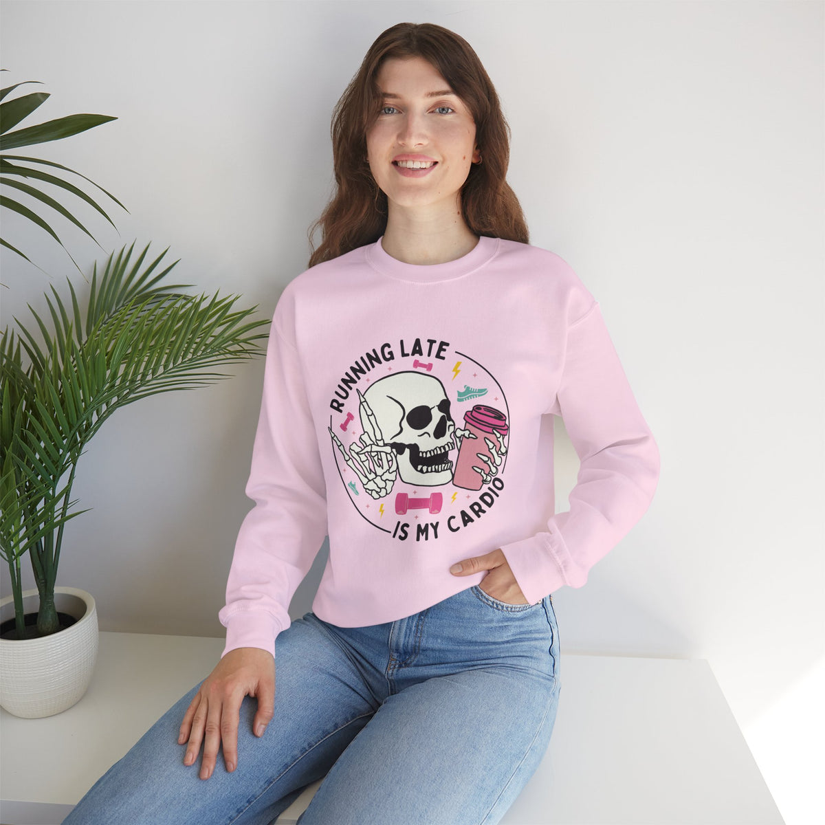 Running Late Is My Cardio sweatshirt | Skull Coffee Cup Illustration