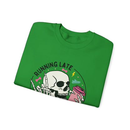 Running Late Is My Cardio sweatshirt | Skull Coffee Cup Illustration