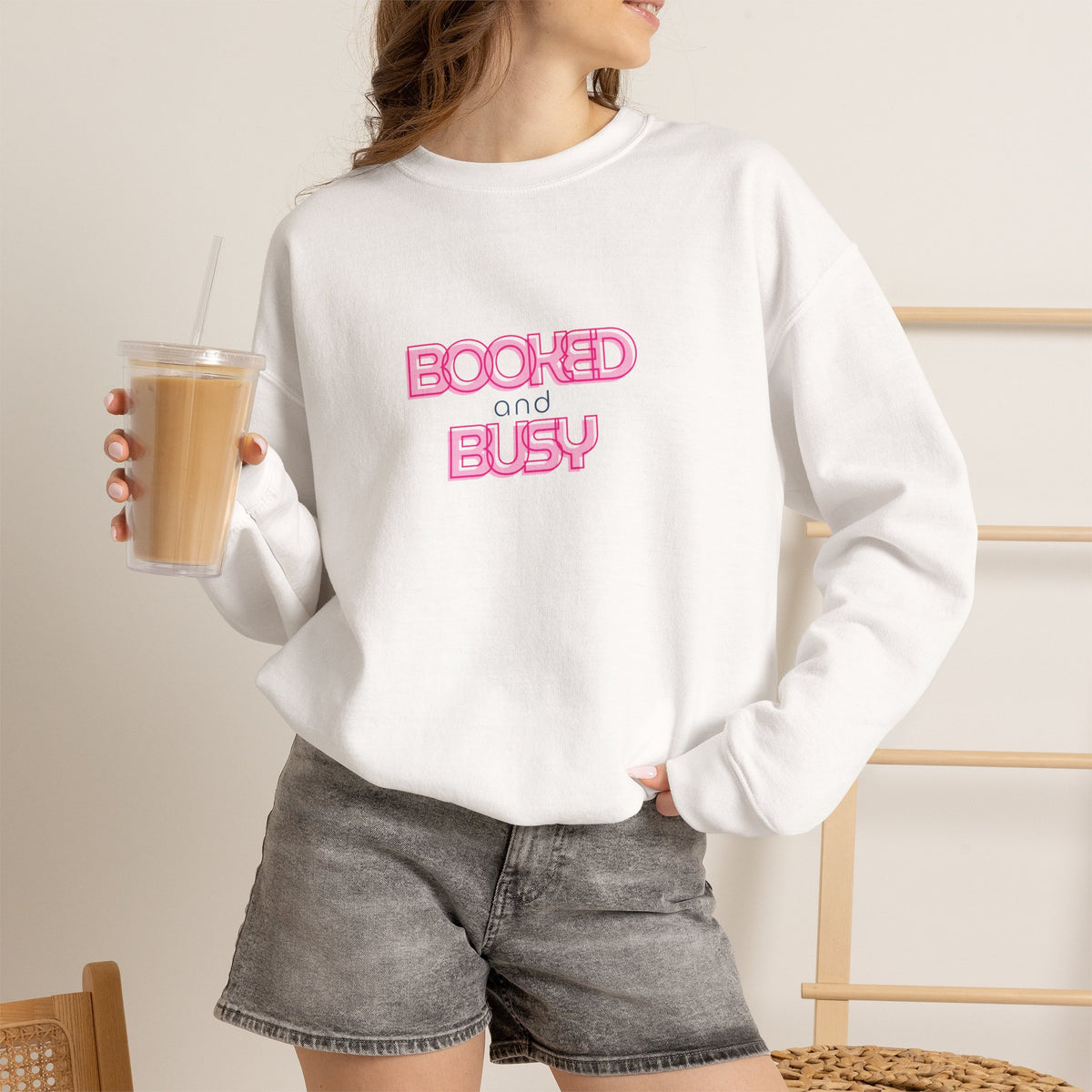 Booked and Busy Pink Crewneck Sweatshirt I Boss Babe Unbothered Funny Powerful Sweatshirt