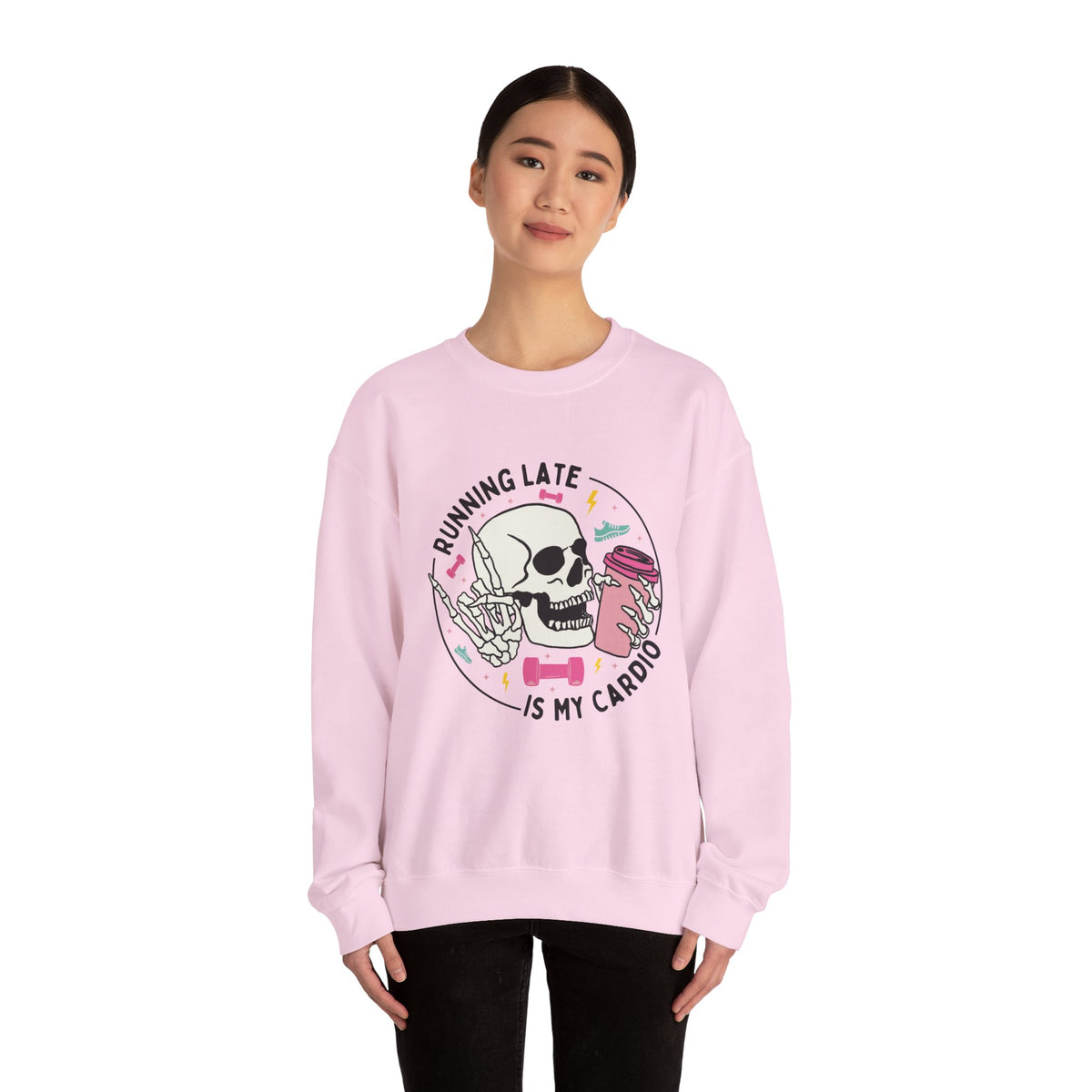 Running Late Is My Cardio sweatshirt | Skull Coffee Cup Illustration