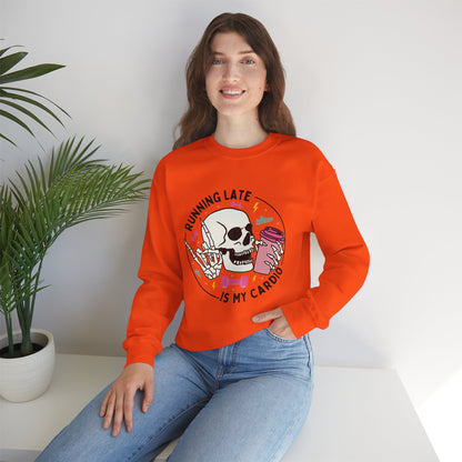 Running Late Is My Cardio sweatshirt | Skull Coffee Cup Illustration