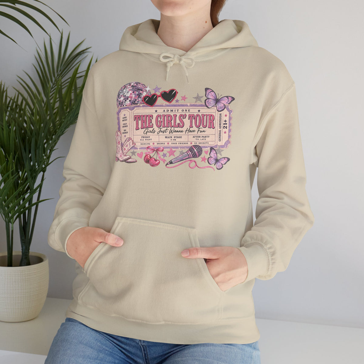 The Girls Just Wanna Have Fun Tour Ticket Graphic Hoodie | Butterfly Floral Ticket Sweatshirt