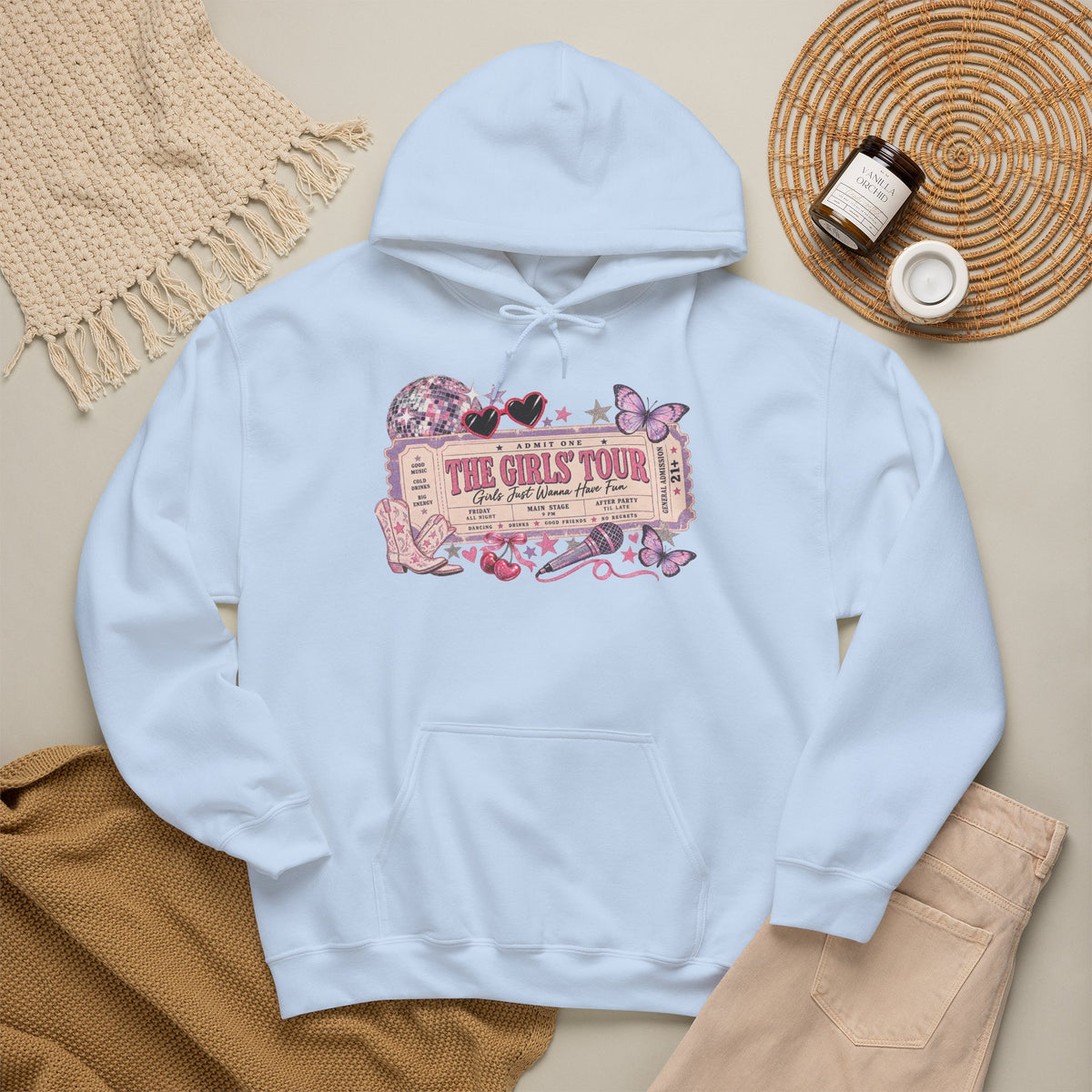 The Girls Just Wanna Have Fun Tour Ticket Graphic Hoodie | Butterfly Floral Ticket Sweatshirt