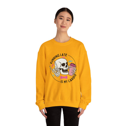 Running Late Is My Cardio sweatshirt | Skull Coffee Cup Illustration