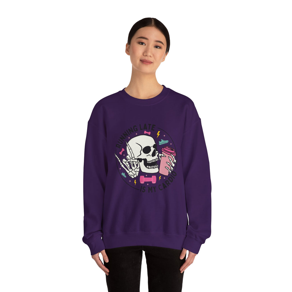Running Late Is My Cardio sweatshirt | Skull Coffee Cup Illustration