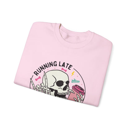 Running Late Is My Cardio sweatshirt | Skull Coffee Cup Illustration